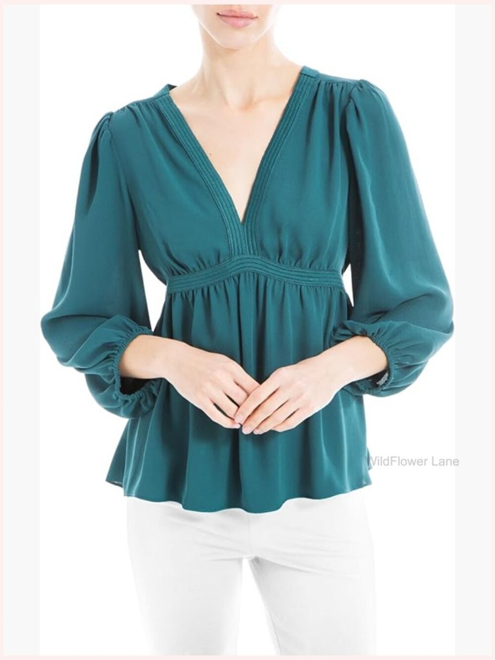 Long Sleeve V-Neck Empire Waist Blouse Smocked Back
